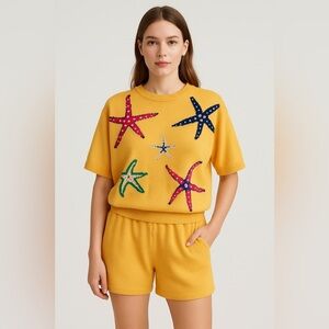 ST. JOHN SEPARATES Made in USA 🇺🇸 Starfish Print Knit Top Sz M & Shorts Sz‎ 10